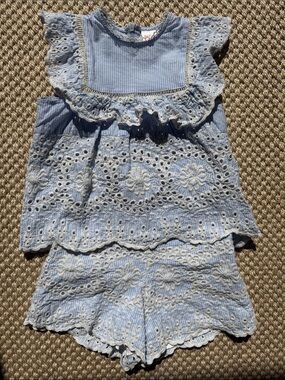 Marlo Kids Girls Light Blue Eyelet Ruffle Two-Piece Matching Set size 3/4 year